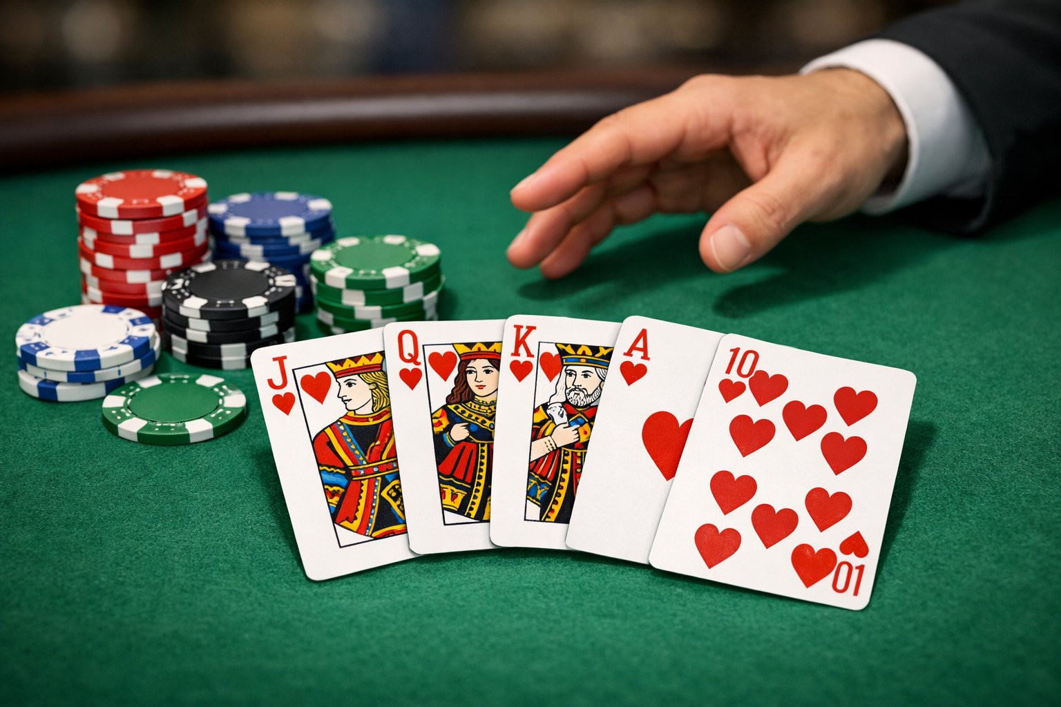 A close-up view of a poker table with playing cards and poker chips arranged for a game of Jacks or Better.