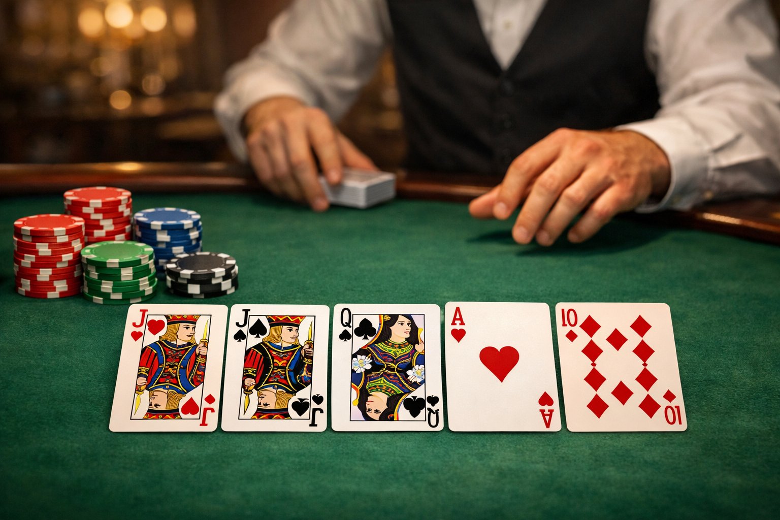 A casino table with playing cards and poker chips arranged for a game of Jacks or Better poker, with a dealer's hands visible.