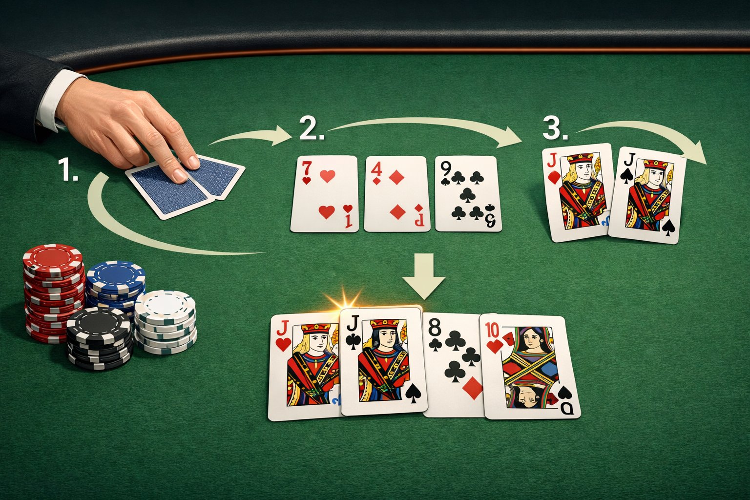A poker table showing cards and chips arranged to demonstrate how to play Jacks or Better poker with hands placing cards and visual step indicators.