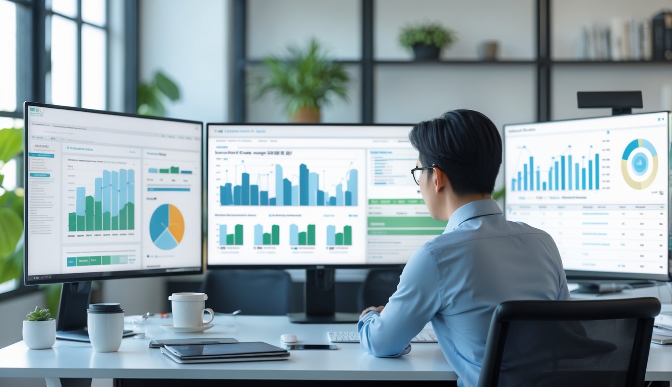 Seorang profesional fokus bekerja di meja dengan beberapa layar komputer menampilkan grafik dan data analisis prediksi togel online.