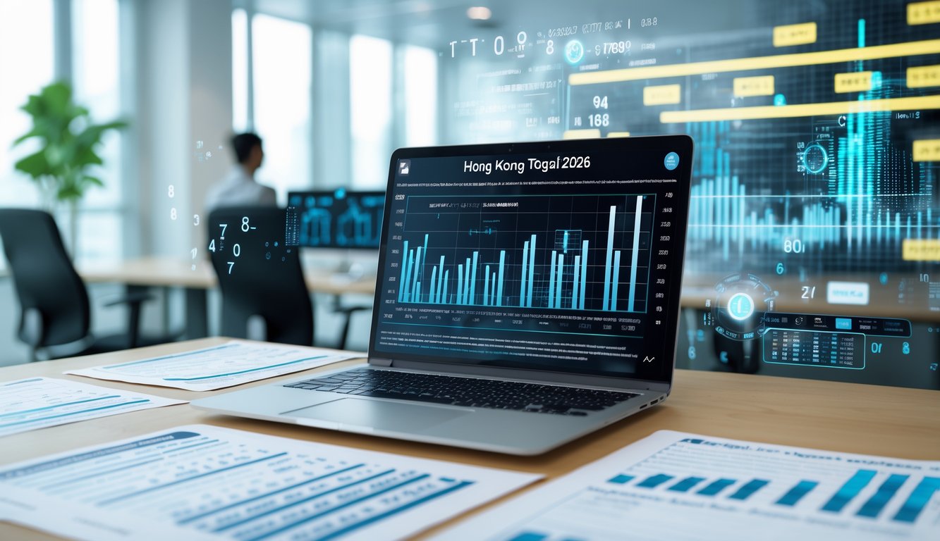 Sebuah ruang kerja modern dengan laptop yang menampilkan grafik statistik dan pola angka terkait prediksi togel Hong Kong, dikelilingi oleh lembar data dan grafik di atas meja.