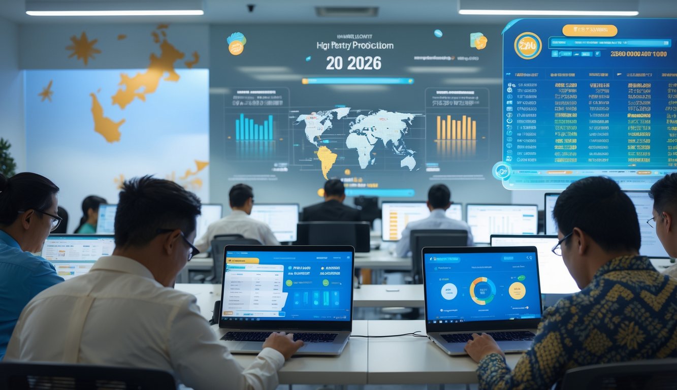 Sejumlah orang menggunakan laptop dan ponsel di ruang kerja modern dengan layar digital yang menampilkan data prediksi togel Hong Kong.