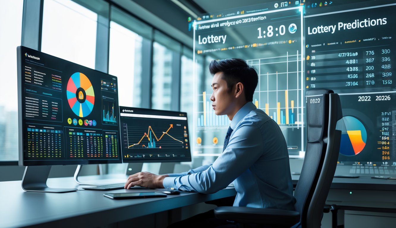 Seorang analis bisnis muda sedang bekerja di depan beberapa layar komputer yang menampilkan grafik dan data prediksi dalam sebuah kantor modern.