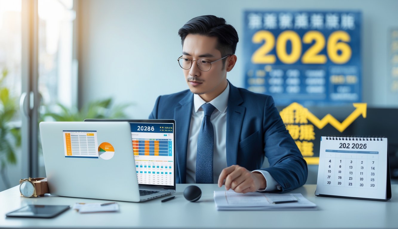 Seseorang yang berpakaian rapi duduk di meja modern dengan laptop dan dokumen, fokus menganalisis data prediksi togel.