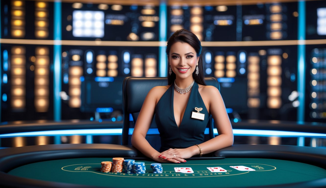 Seorang dealer kasino profesional duduk di meja permainan dengan peralatan server stabil di latar belakang.