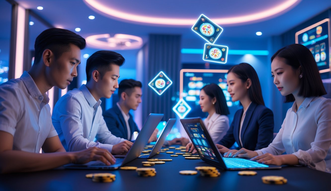 Beberapa orang sedang bermain permainan kasino langsung online menggunakan perangkat digital di lingkungan modern.