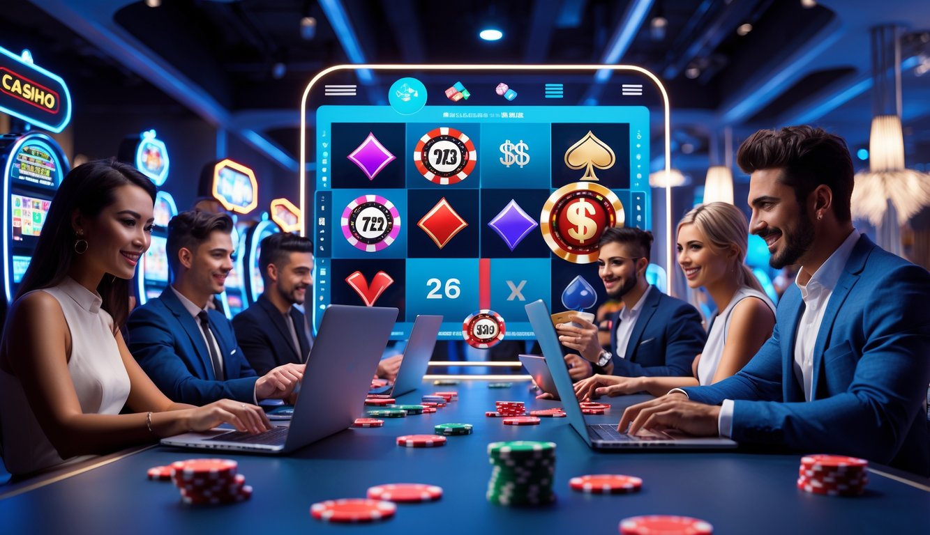 Sekelompok orang muda menggunakan laptop dan ponsel untuk bermain kasino online dengan suasana ruangan yang modern dan cerah.