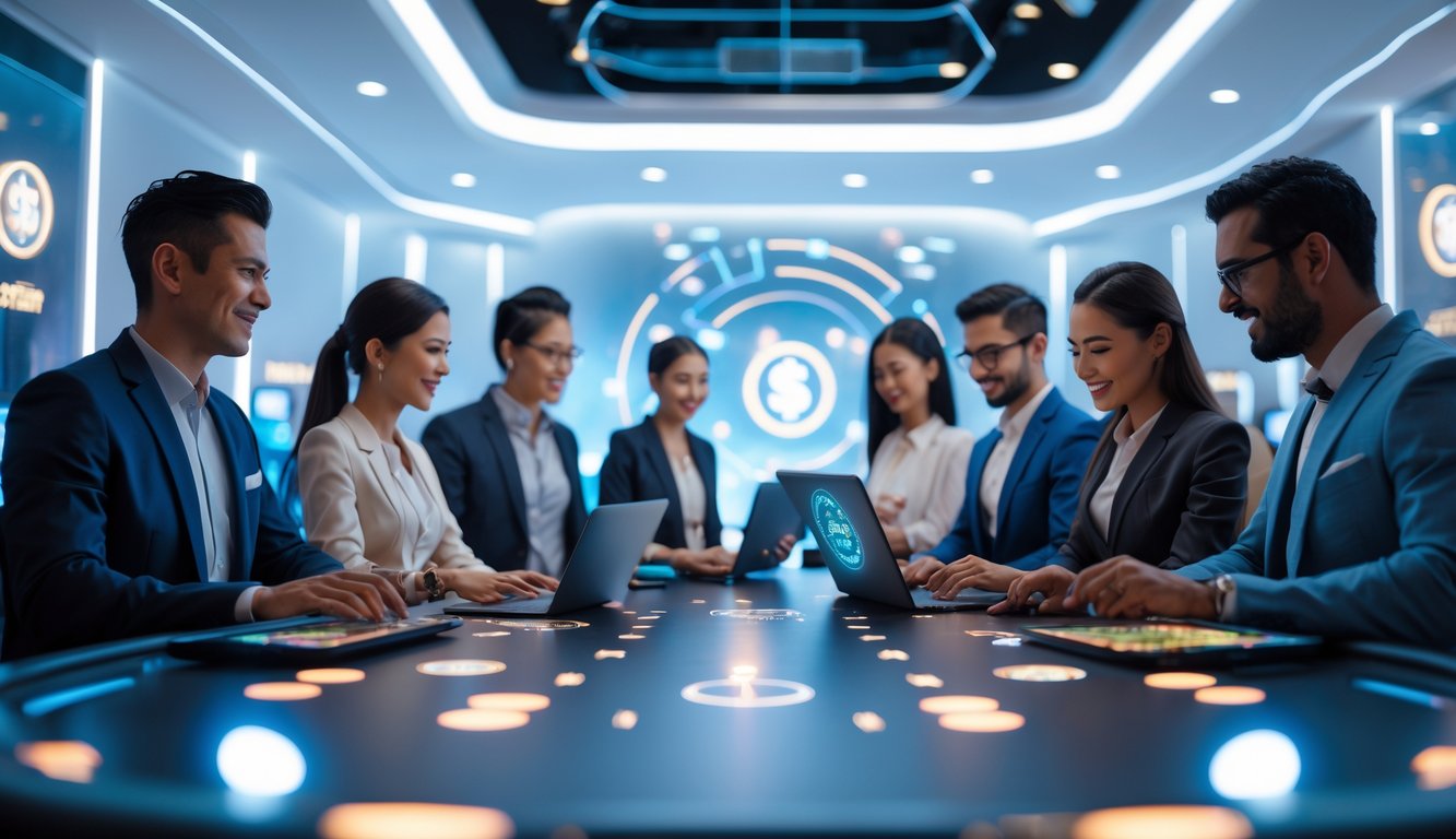 Orang-orang menggunakan perangkat digital untuk bermain kasino online di lingkungan modern dan aman.