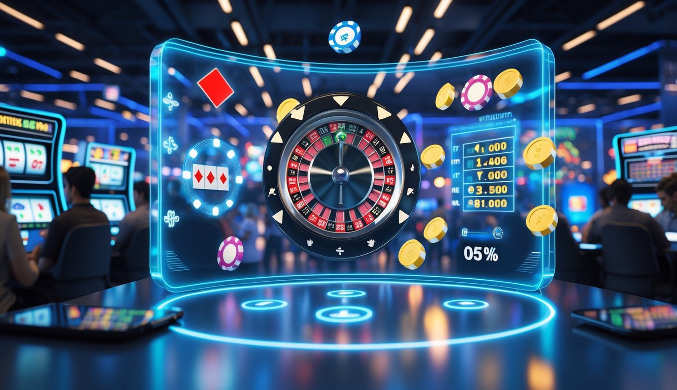 Suasana kasino online langsung dengan pemain yang bermain berbagai permainan kasino di perangkat digital.