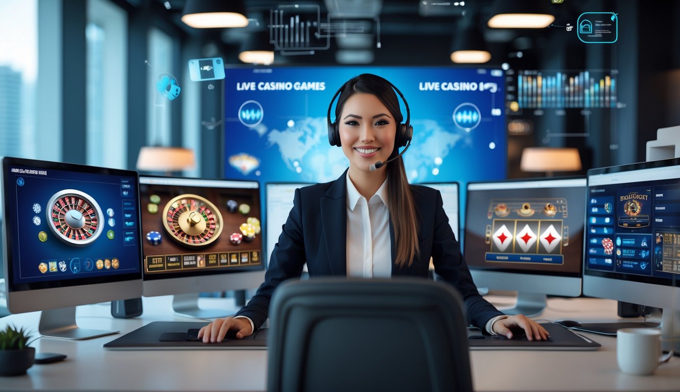 Seorang agen kasino online yang percaya diri duduk di depan beberapa layar komputer menampilkan permainan kasino langsung dalam kantor modern yang rapi.