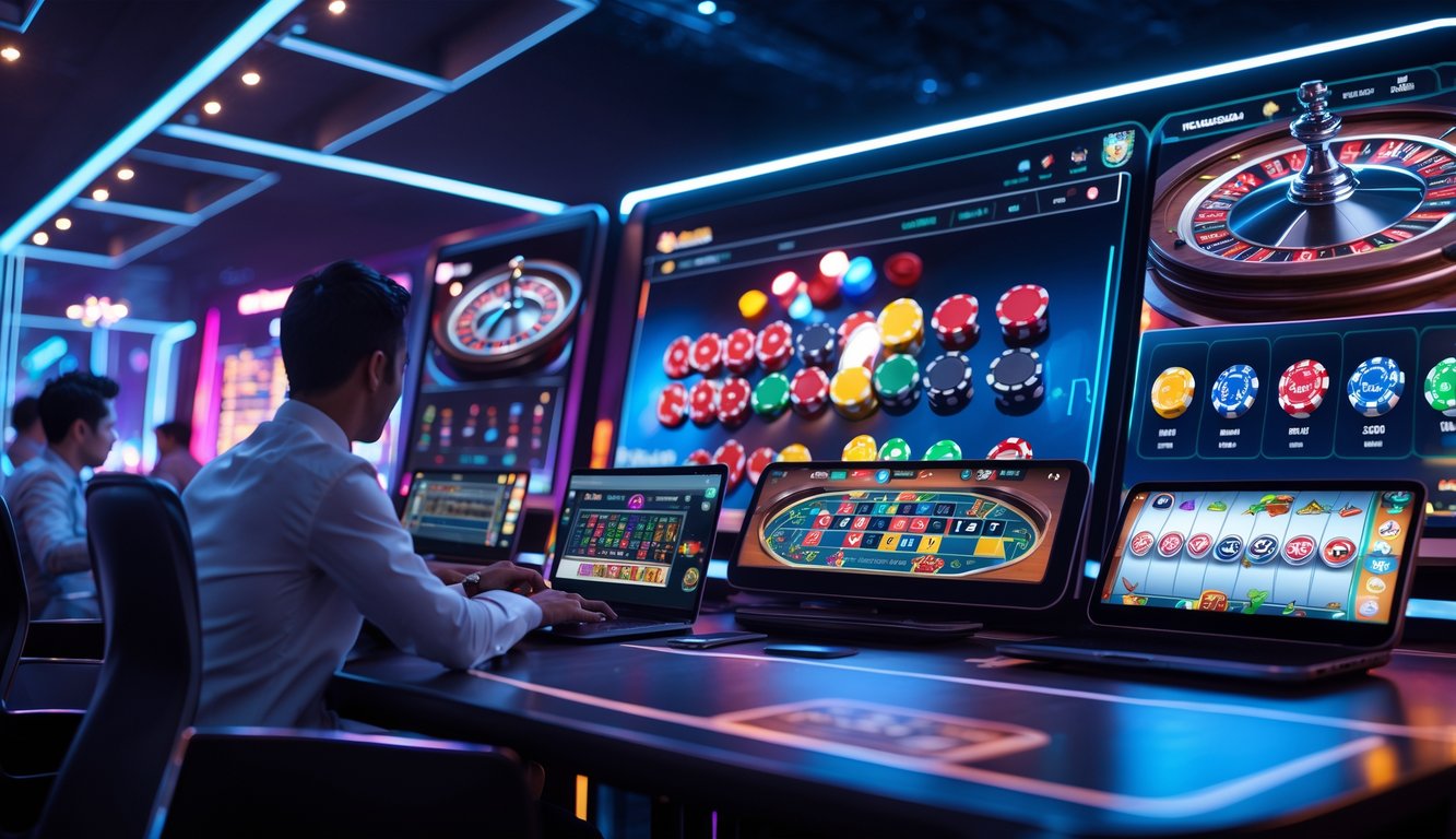 Suasana kasino online dengan permainan Baccarat, Roulette, dan Sic Bo yang sedang dimainkan di layar komputer dan perangkat mobile.