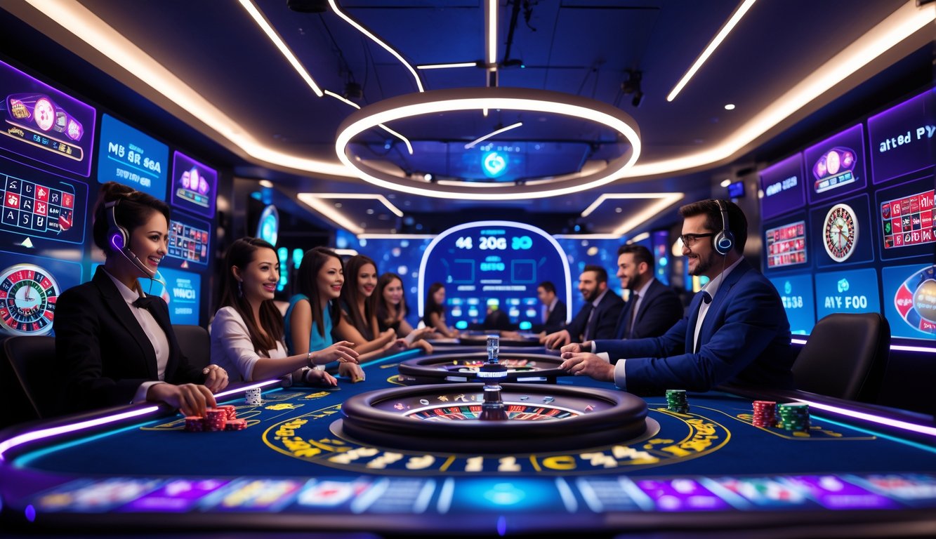 Suasana kasino online dengan pemain dan dealer yang sedang bermain di depan layar komputer, menunjukkan layanan 24 jam nonstop.