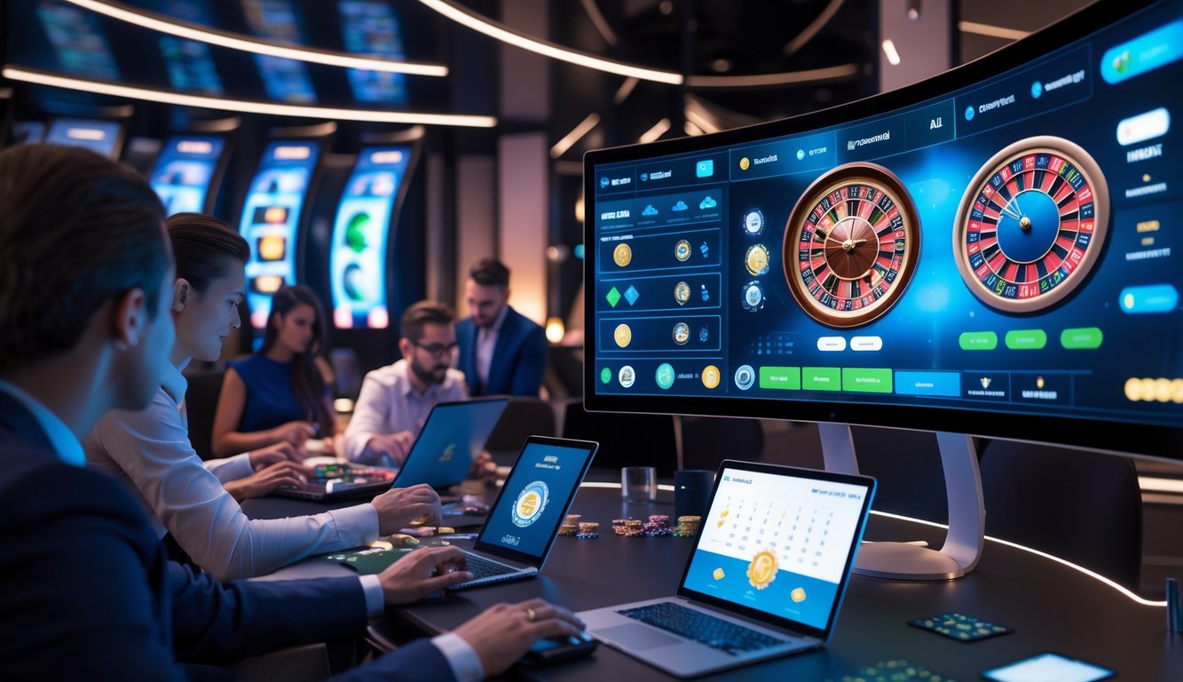 Seorang pemain menggunakan perangkat digital untuk bermain kasino online dengan dealer langsung di layar, menunjukkan suasana kasino yang modern dan aman.