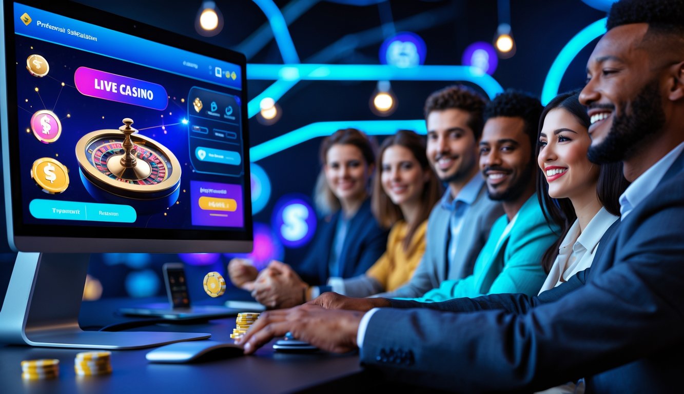 Orang-orang menggunakan perangkat digital untuk bermain kasino online dengan suasana yang ceria dan aman.