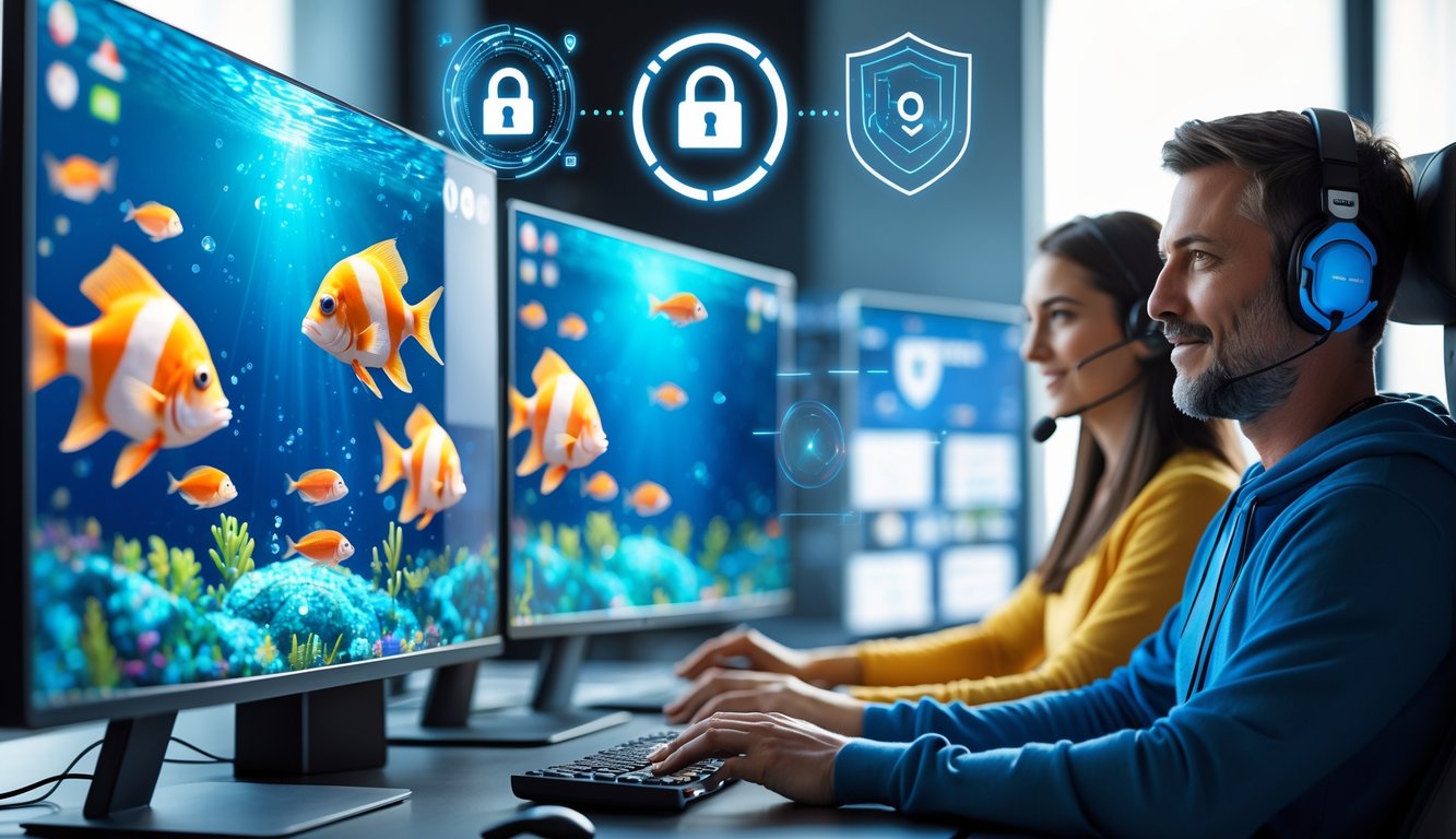Dua orang dewasa sedang bermain game tembak ikan di komputer dengan latar belakang simbol keamanan digital.