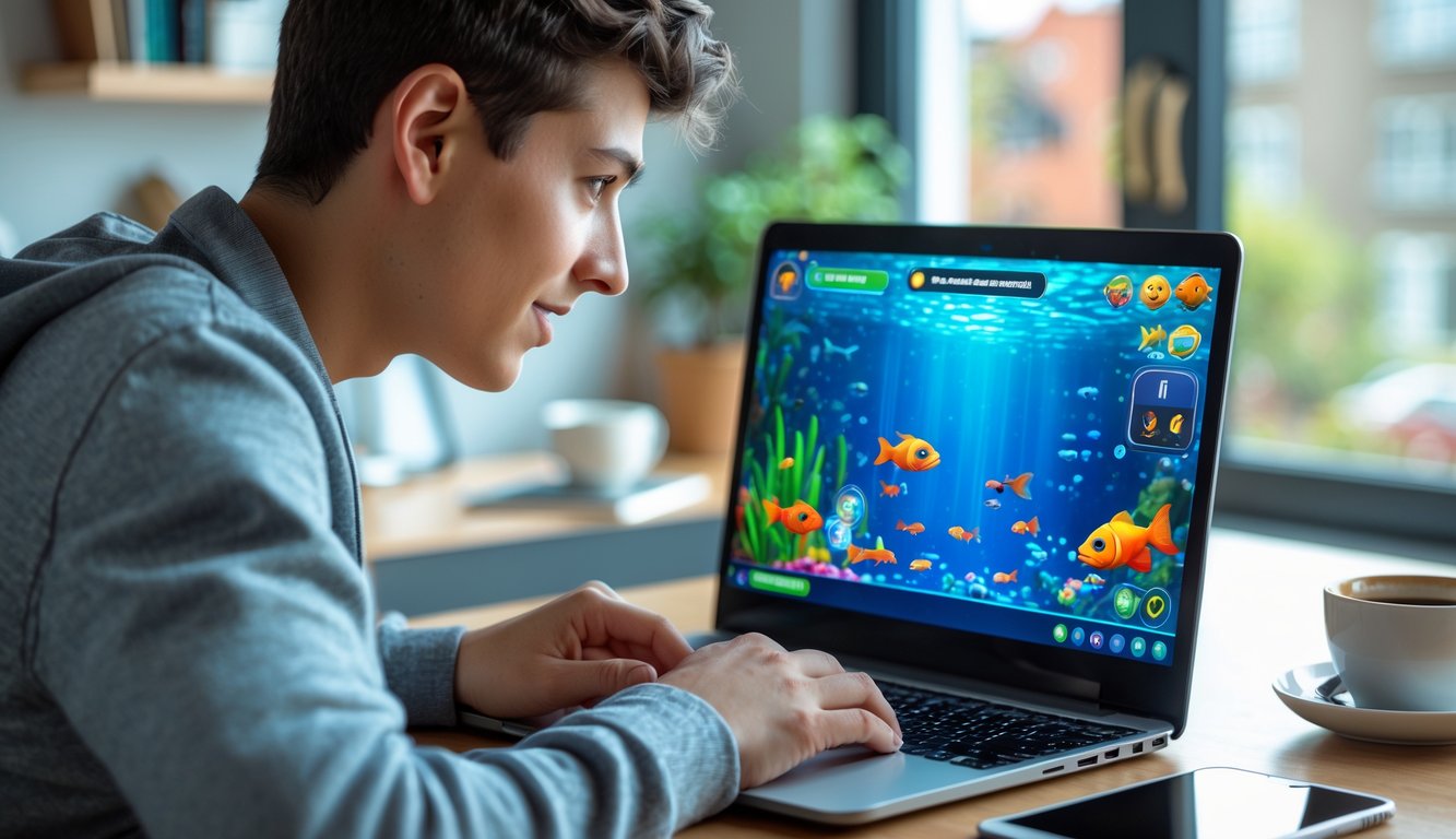 Seseorang muda sedang menggunakan laptop di ruang kerja rumah dengan tampilan permainan ikan tembak di layar, suasana nyaman dan aman.