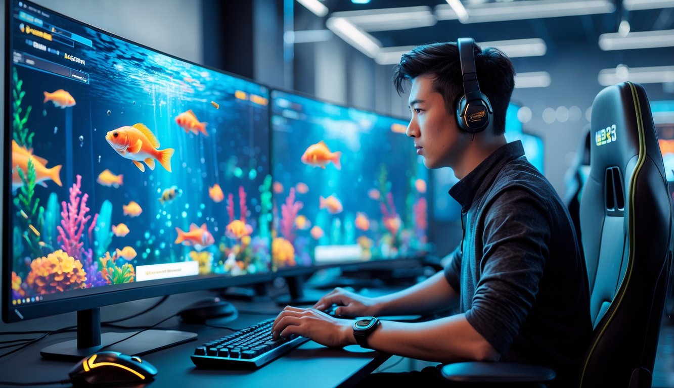 Seorang gamer muda sedang bermain game tembak ikan di komputer dengan layar menampilkan grafik ikan berwarna-warni dan elemen permainan yang dinamis.