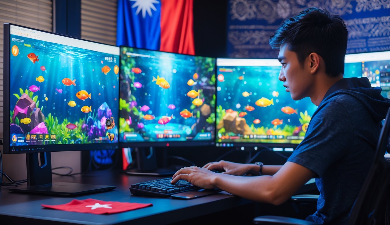 Seorang pemain muda sedang fokus bermain game tembak ikan online dengan layar komputer yang menampilkan grafis ikan berwarna-warni di latar belakang elemen budaya Indonesia.