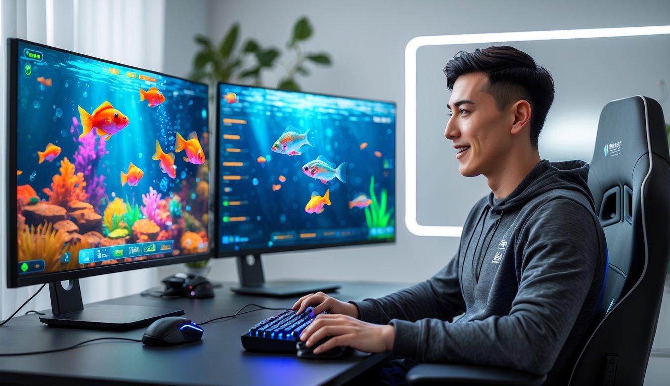 Seorang pria muda sedang bermain game tembak ikan di komputer dengan layar menampilkan grafis bawah laut berwarna-warni di sebuah ruang kerja modern.