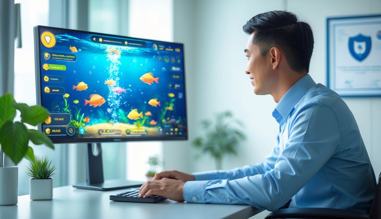 Seorang pria duduk di depan komputer yang menampilkan permainan ikan online dengan suasana kantor yang terang dan rapi.