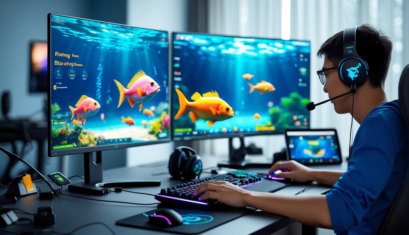Seseorang sedang bermain game tembak ikan online di meja dengan beberapa monitor yang menampilkan grafik bawah laut berwarna-warni.