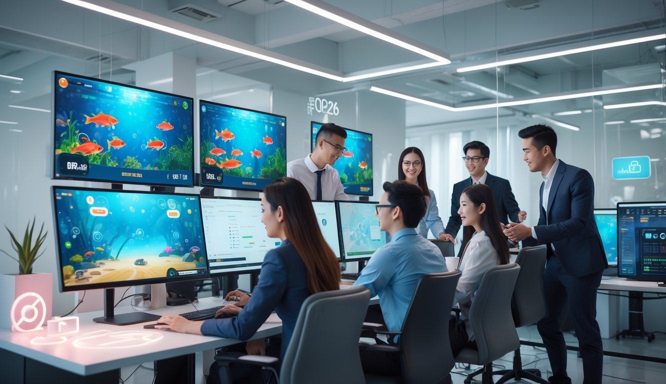 Sekelompok orang muda bekerja bersama di kantor modern dengan layar komputer menampilkan permainan ikan tembak online.