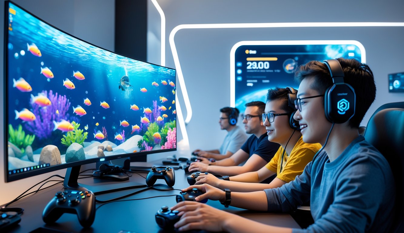Beberapa pemain sedang bermain game tembak ikan online di ruang kerja modern dengan monitor besar yang menampilkan grafik bawah laut berwarna-warni.