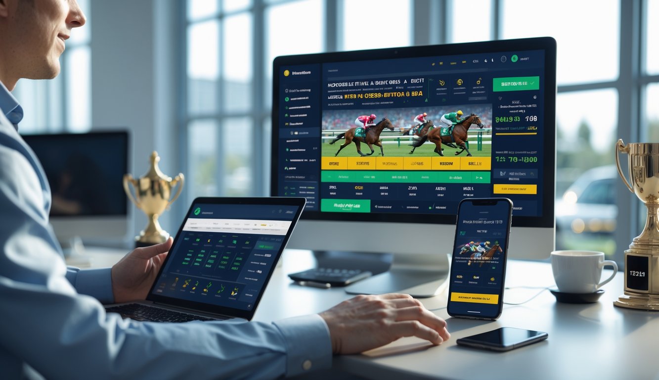 Seorang pria menggunakan laptop dan ponsel di kantor modern dengan layar komputer menampilkan grafik dan informasi taruhan pacuan kuda online.