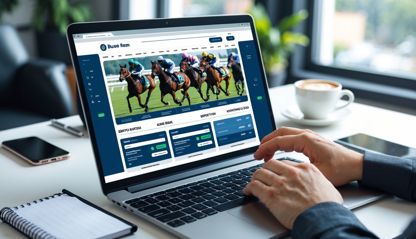 Seseorang menggunakan laptop untuk bertaruh pacuan kuda online dengan latar belakang meja kerja yang rapi.
