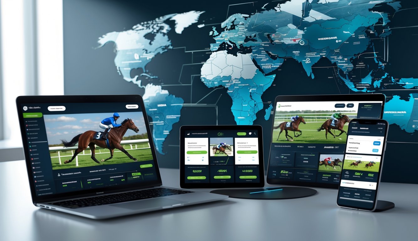 Meja kerja modern dengan perangkat digital menampilkan grafik pacuan kuda dan antarmuka taruhan online, latar belakang peta dunia menandakan konektivitas internasional.