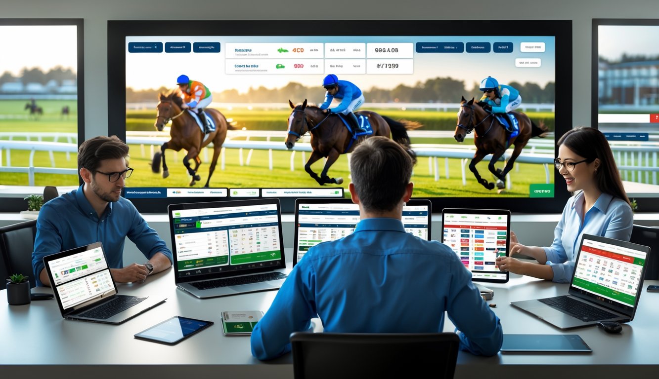 Orang-orang menggunakan perangkat digital untuk bertaruh pada pacuan kuda secara online dengan latar belakang lintasan pacuan kuda yang sedang berlangsung.