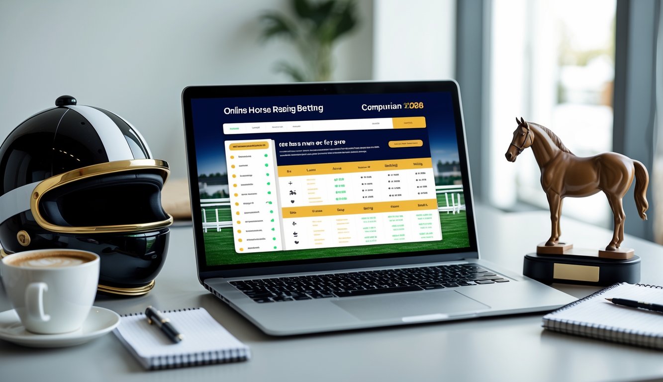 Sebuah laptop di meja kerja yang menampilkan perbandingan agen taruhan pacuan kuda online dengan simbol pacuan kuda di sekitarnya.