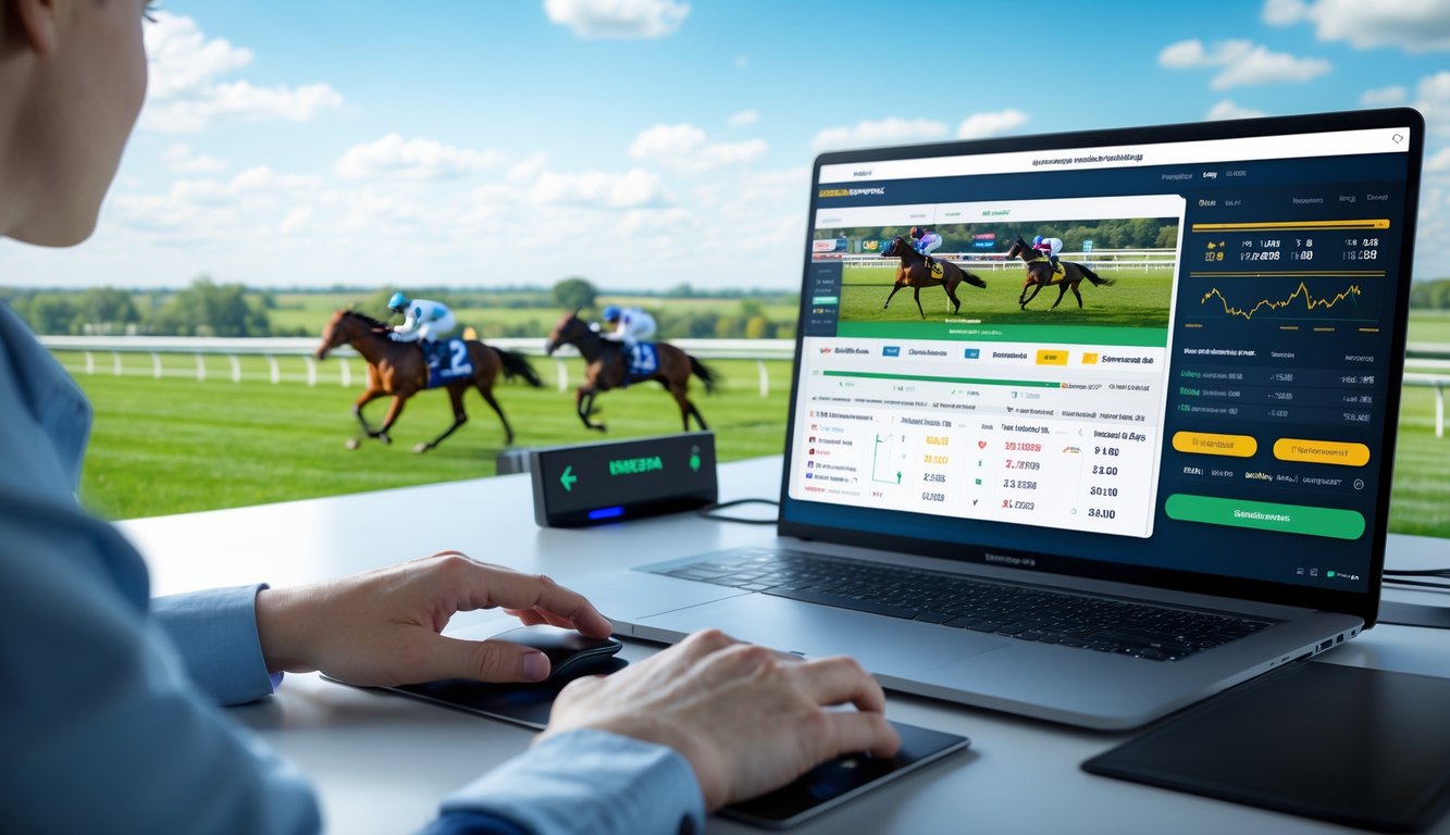 Orang menggunakan komputer untuk memasang taruhan langsung pada pacuan kuda yang sedang berlangsung di trek balap.