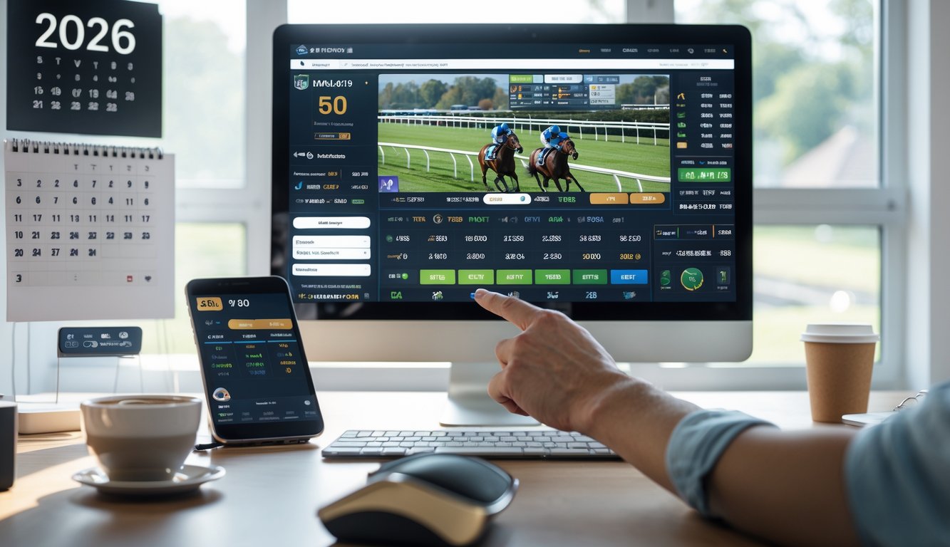Seseorang sedang menggunakan komputer untuk memasang taruhan pacuan kuda secara online di meja kerja modern.