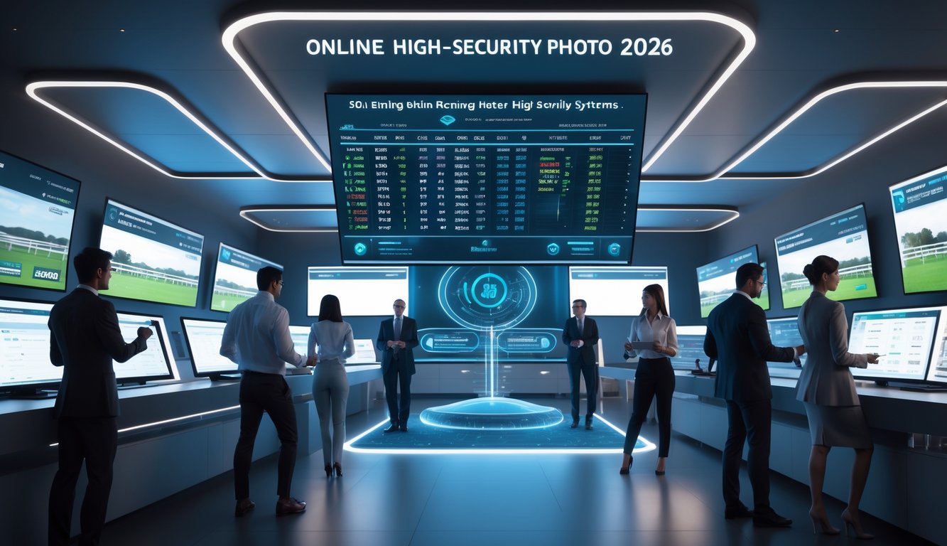 Orang-orang bekerja di kantor modern dengan layar digital menampilkan data pacuan kuda dan sistem keamanan tinggi.