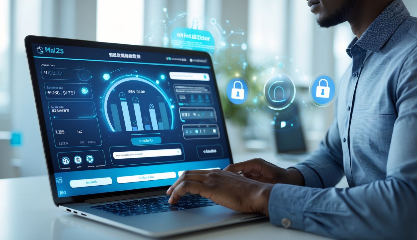 Seseorang menggunakan komputer dengan antarmuka lotere online yang modern dan aman di lingkungan kantor yang terang.