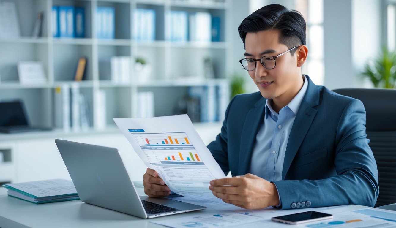 Seorang profesional sedang bekerja di kantor modern dengan laptop dan dokumen di meja, menunjukkan suasana kerja yang serius dan terorganisir.