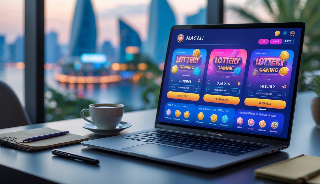 Meja kerja modern dengan laptop menampilkan antarmuka permainan lotre online dan latar belakang samar pemandangan kota Macau.