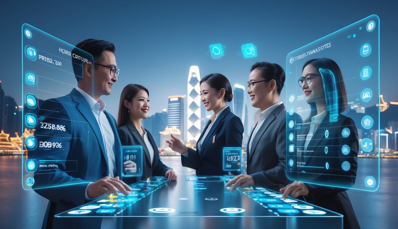 Sekelompok orang dewasa menggunakan layar sentuh digital dengan latar belakang kota Macau yang diterangi lampu di malam hari.