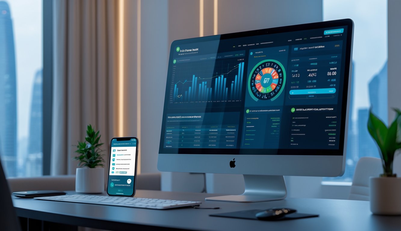 Meja kerja modern dengan komputer dan ponsel yang menampilkan layanan pelanggan 24 jam untuk platform togel online Macau.