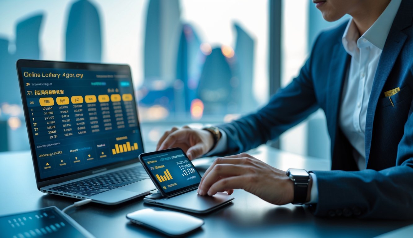 Seseorang sedang menggunakan laptop dan ponsel di meja kerja dengan latar belakang kota Macau.