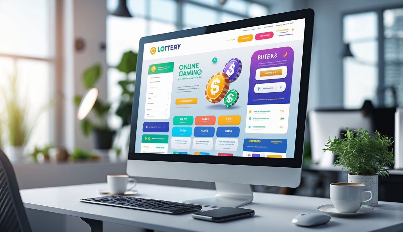 Sebuah monitor komputer di meja kantor menampilkan antarmuka situs web judi online dengan desain modern dan elemen interaktif.