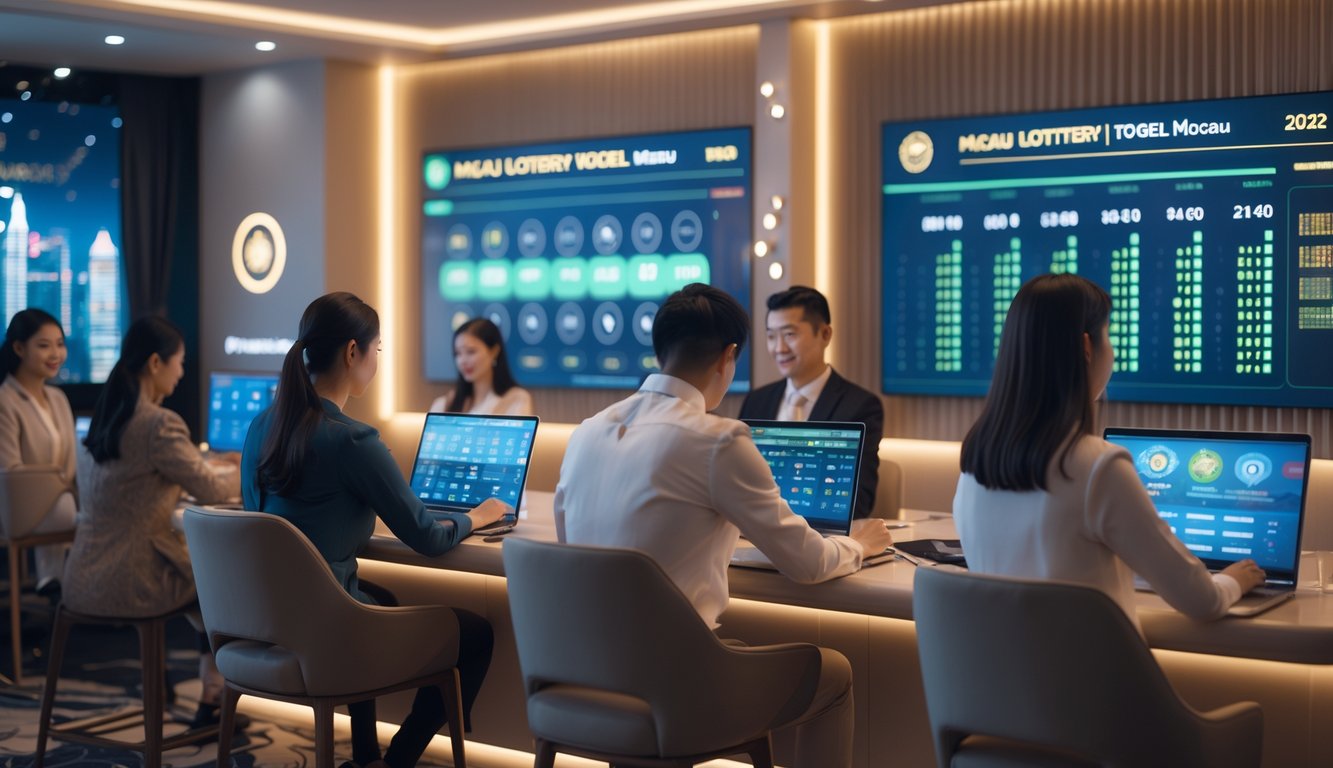 Sekelompok orang menggunakan perangkat digital di ruangan modern yang nyaman dengan latar belakang kota Macau, menunjukkan suasana bermain togel online.