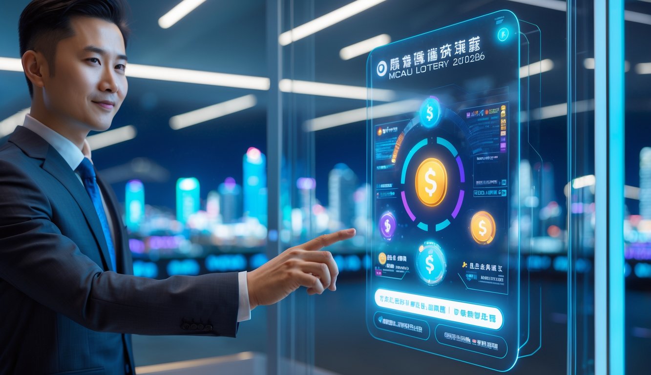 Seorang profesional sedang menggunakan antarmuka digital modern untuk transaksi cepat dan sistem keamanan tinggi dengan latar belakang pemandangan kota Macau.