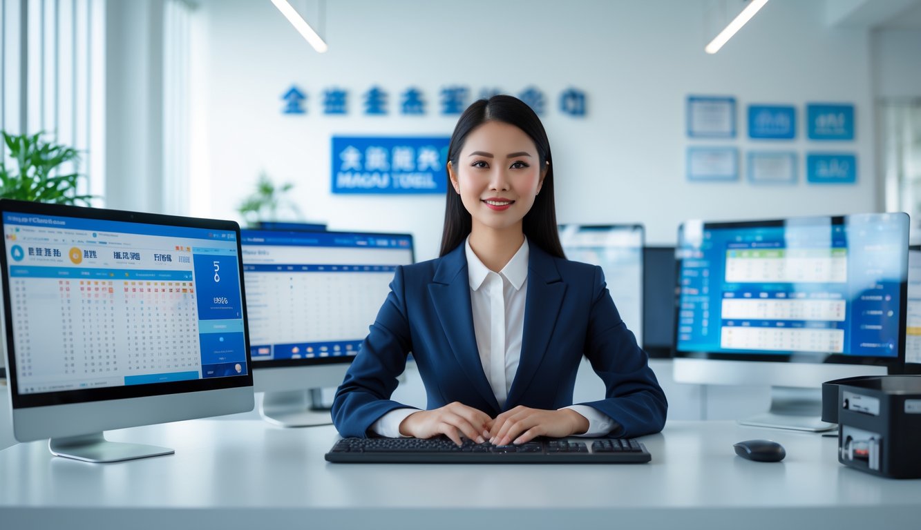 Seorang wanita bisnis berpakaian rapi duduk di meja kantor modern dengan beberapa monitor komputer menampilkan grafik dan angka, di ruang kantor yang terang dan rapi.