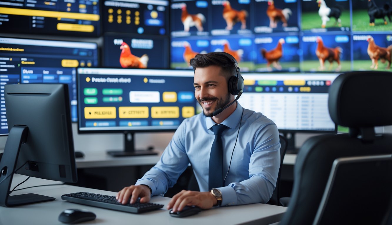 Seorang staf layanan pelanggan profesional sedang bekerja di kantor modern dengan beberapa layar komputer yang menampilkan aktivitas taruhan sabung ayam online.