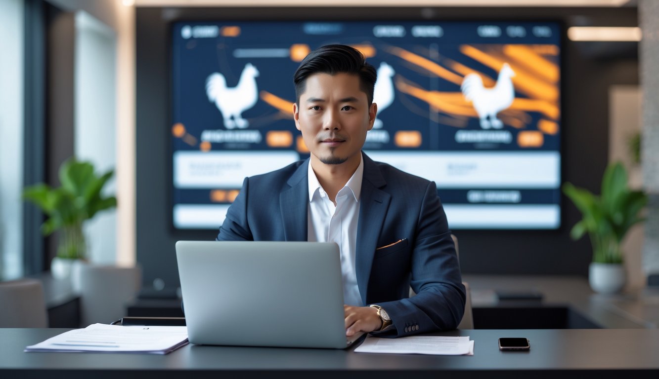 Seorang pria Asia Tenggara duduk di meja dengan laptop dan dokumen di kantor modern yang terang, fokus pada pekerjaannya.