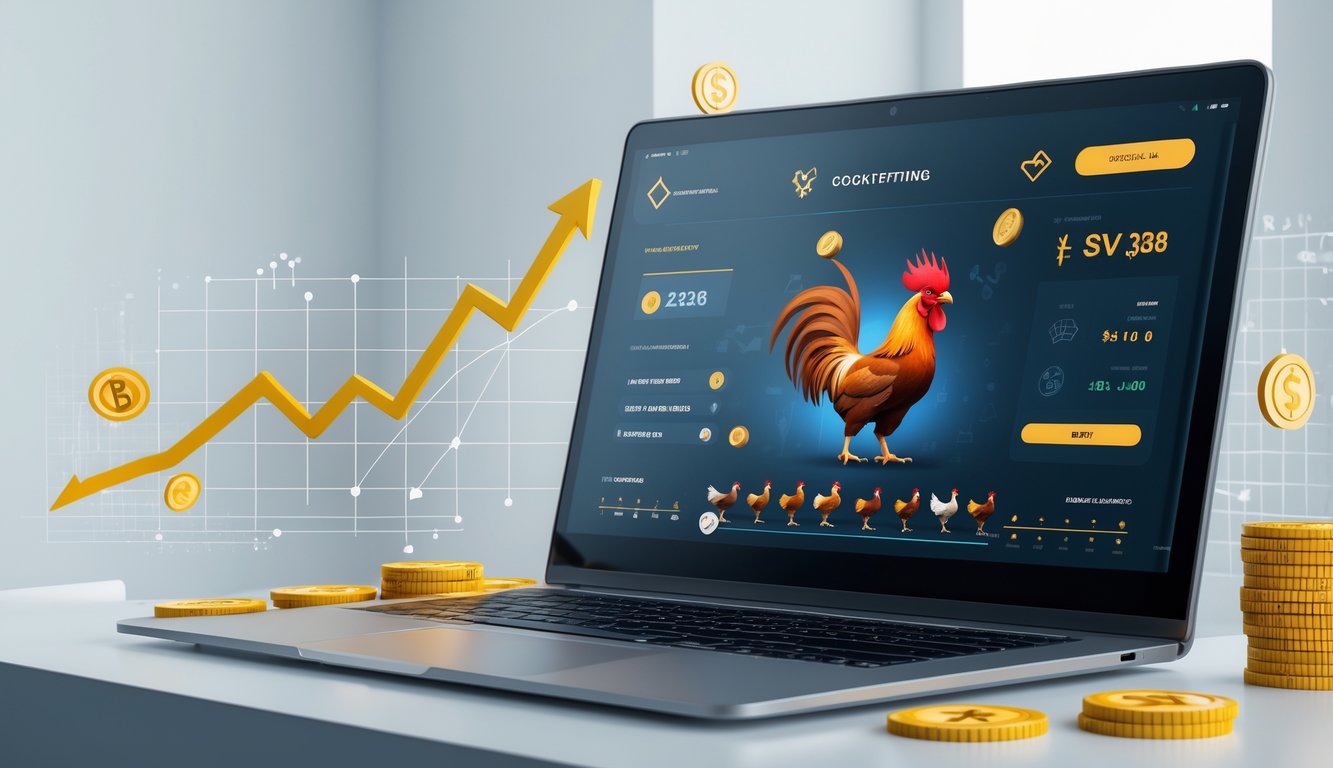 Seseorang menggunakan perangkat digital dengan tampilan antarmuka taruhan sabung ayam online di layar.