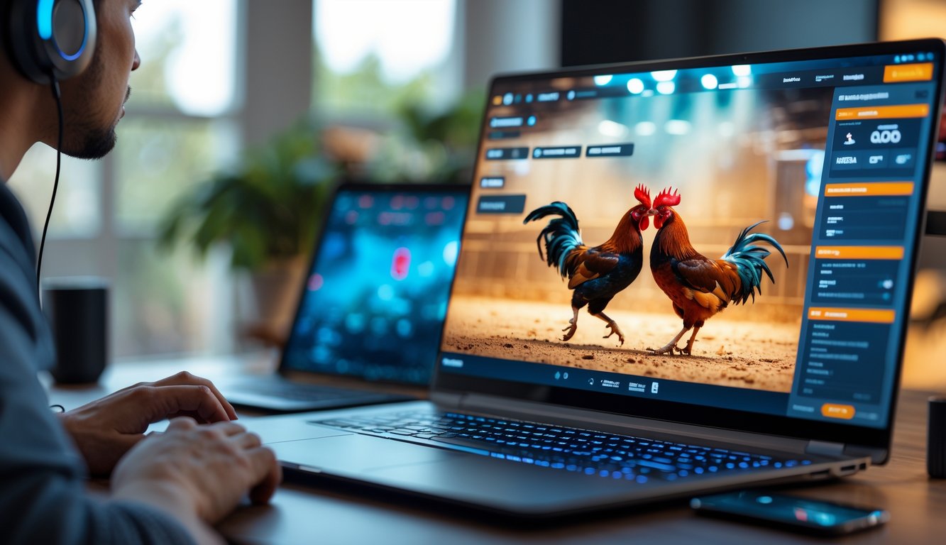 Seseorang menggunakan komputer untuk menonton siaran langsung pertandingan sabung ayam secara online di ruangan yang nyaman.