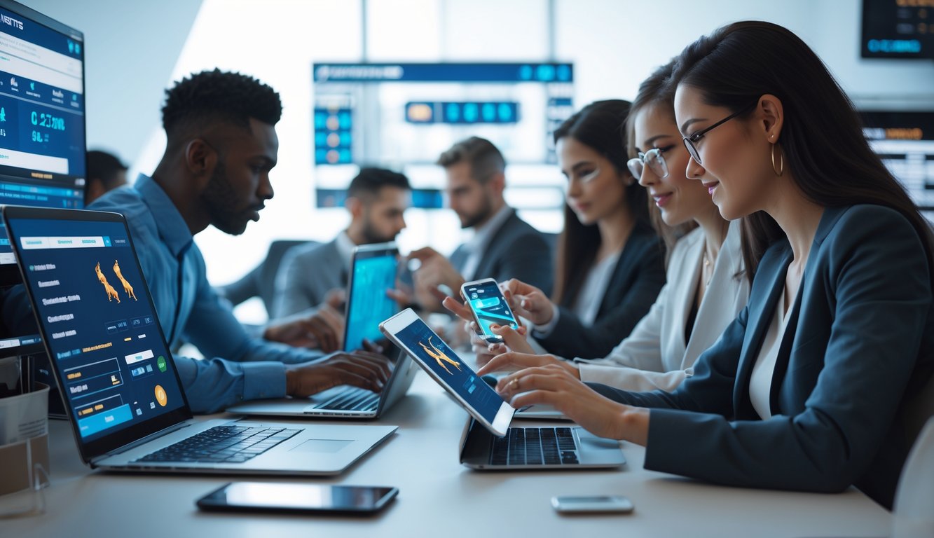 Beberapa orang sedang menggunakan perangkat digital di ruang kerja modern, fokus pada aktivitas taruhan online.
